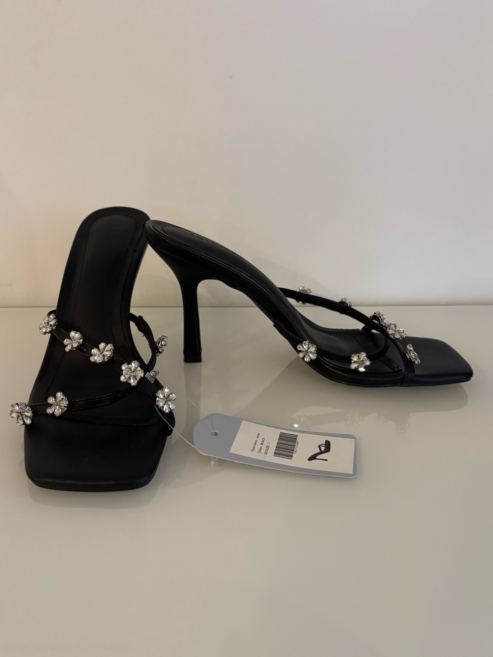 Lulamax Janet Black Crystal Flower Strappy Stiletto Heels